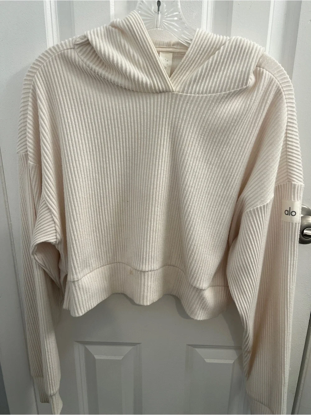 ALO Yoga Muse Hoodie Sweater in Ivory, Ribbed + Cropped Style